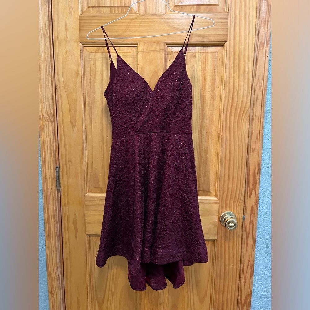 B. Darlin size 9-10 burgundy lace and sequin formal dress